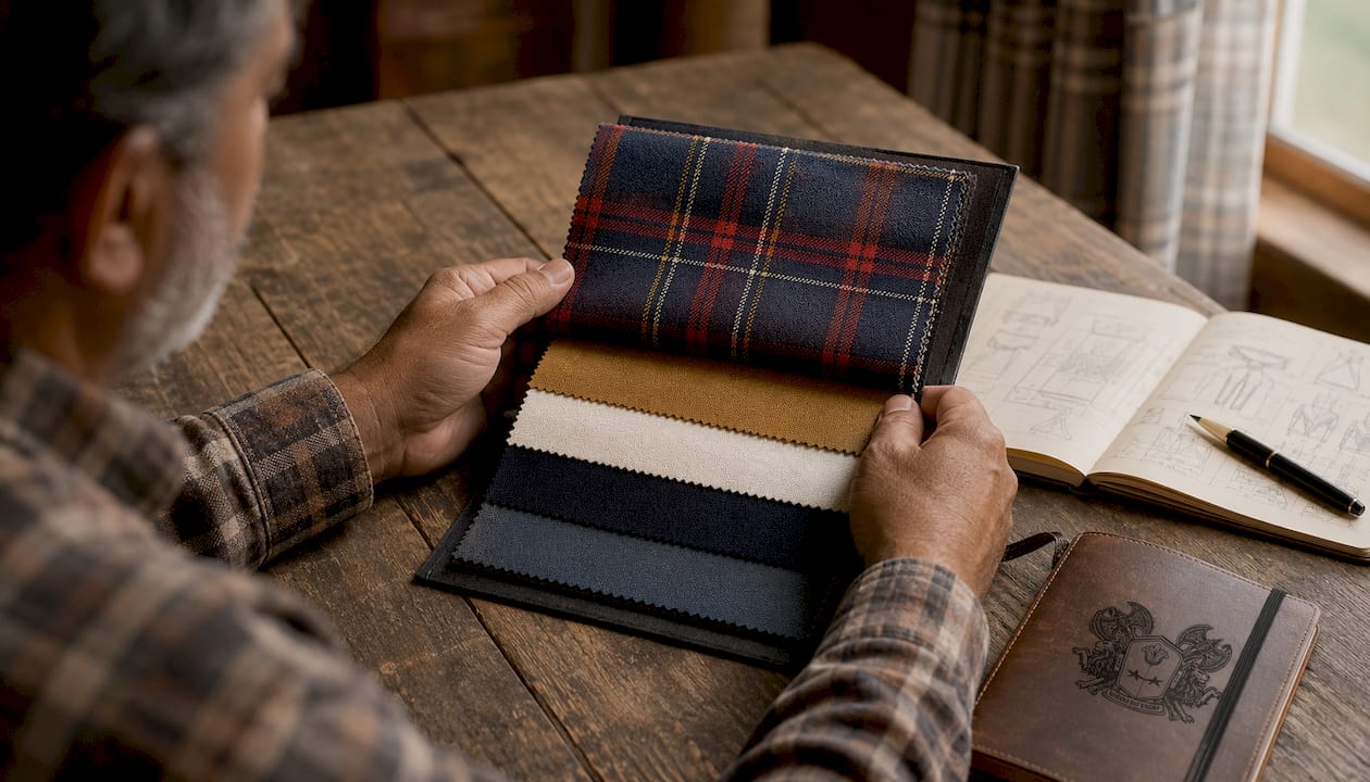Hands holding VFW tartan fabric swatch