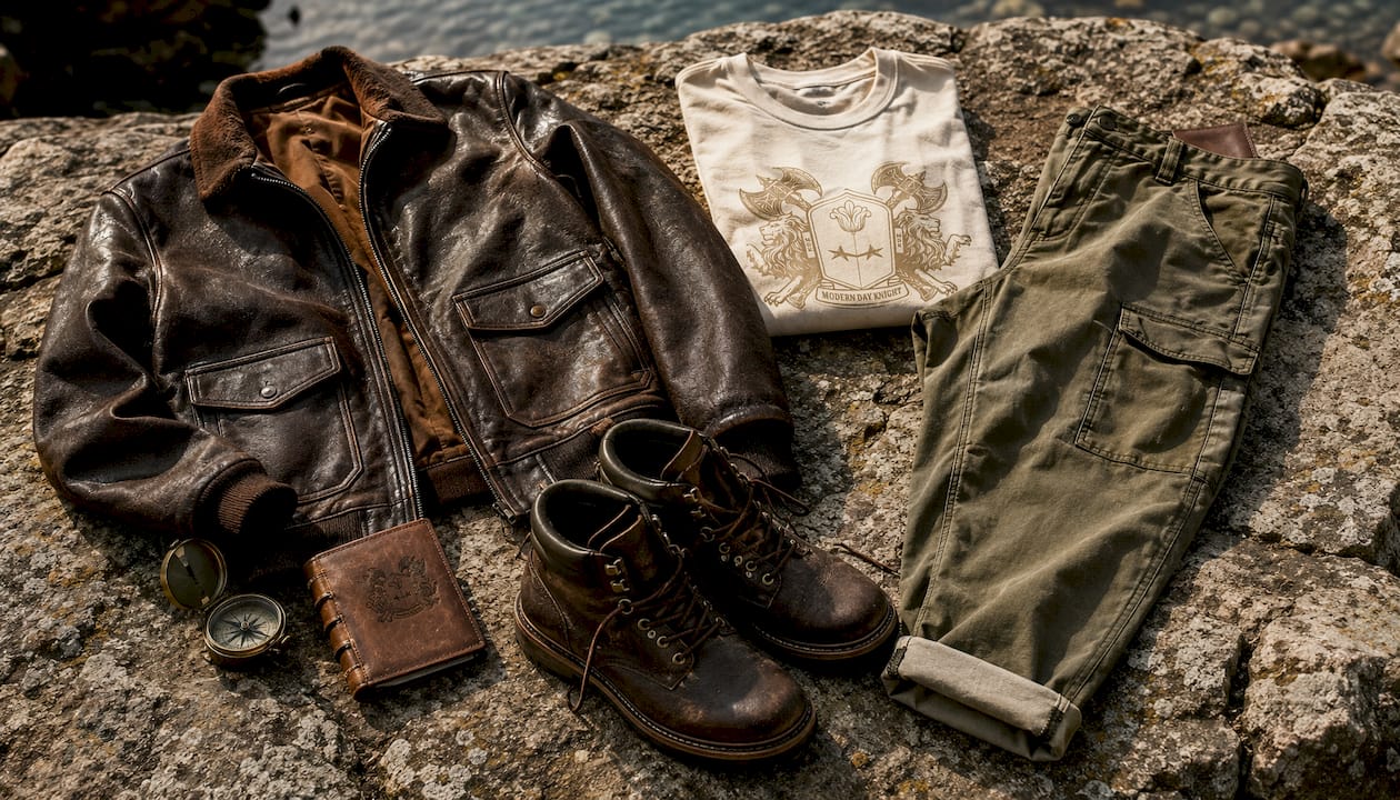 Flat lay of heritage jacket, tee, chinos, and boots
