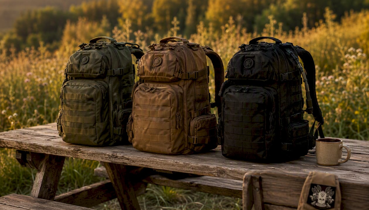 Compact assault packs in forest clearing
