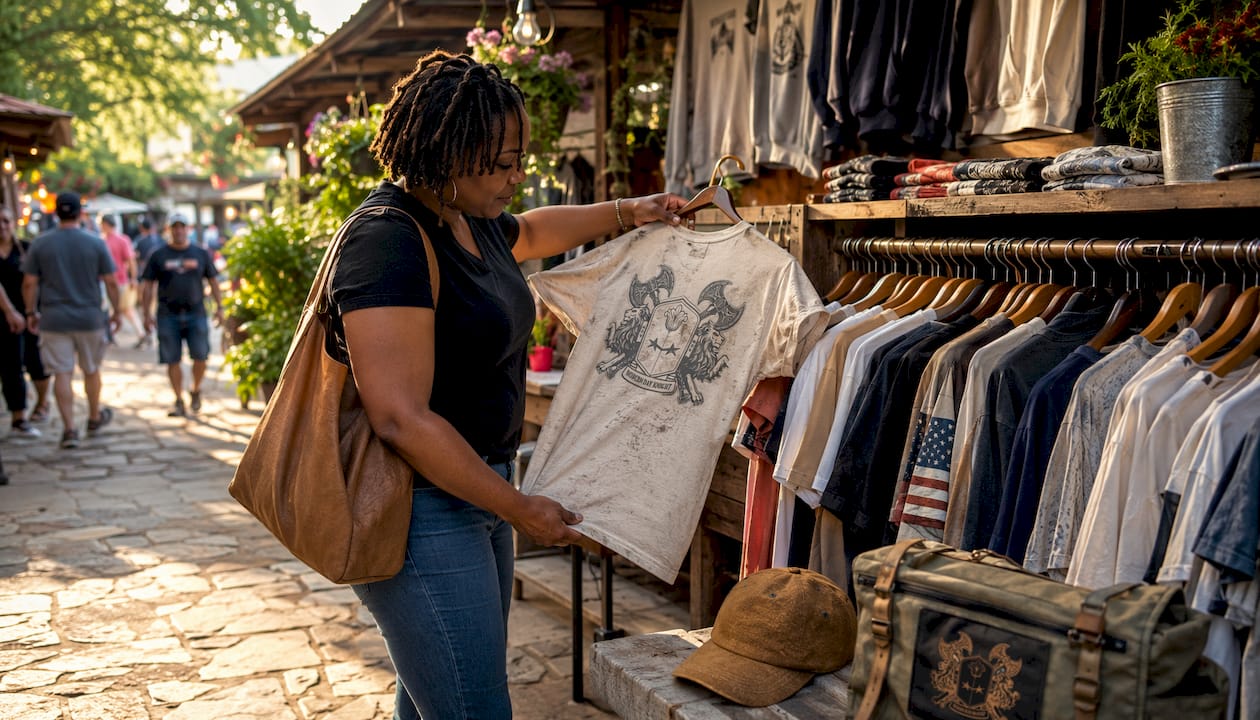 Shopper browsing veteran apparel in boutique store