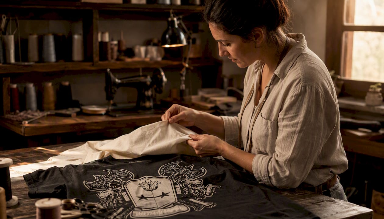 Hands inspecting durable fabric and print quality