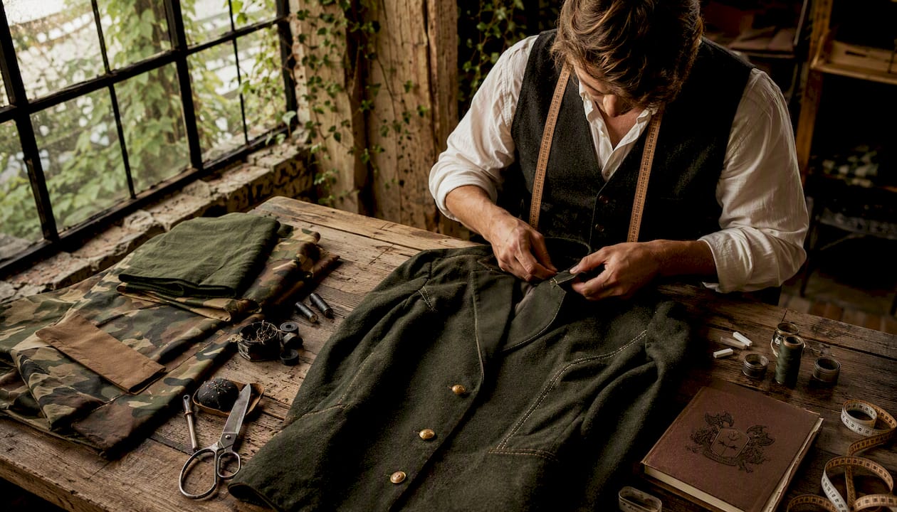 Close-up of hands tailoring military-style vest with buttons