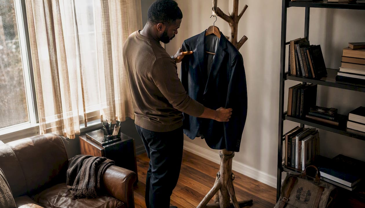 Man selecting blazer defining personal style