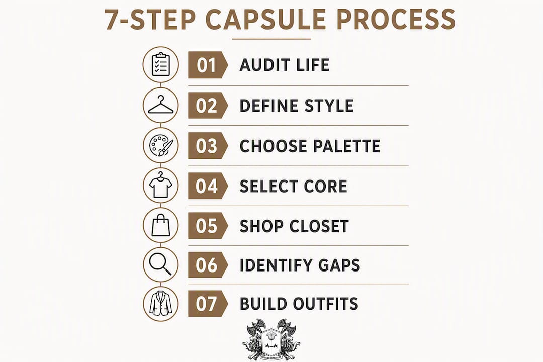 Infographic showing 7 steps for capsule wardrobe