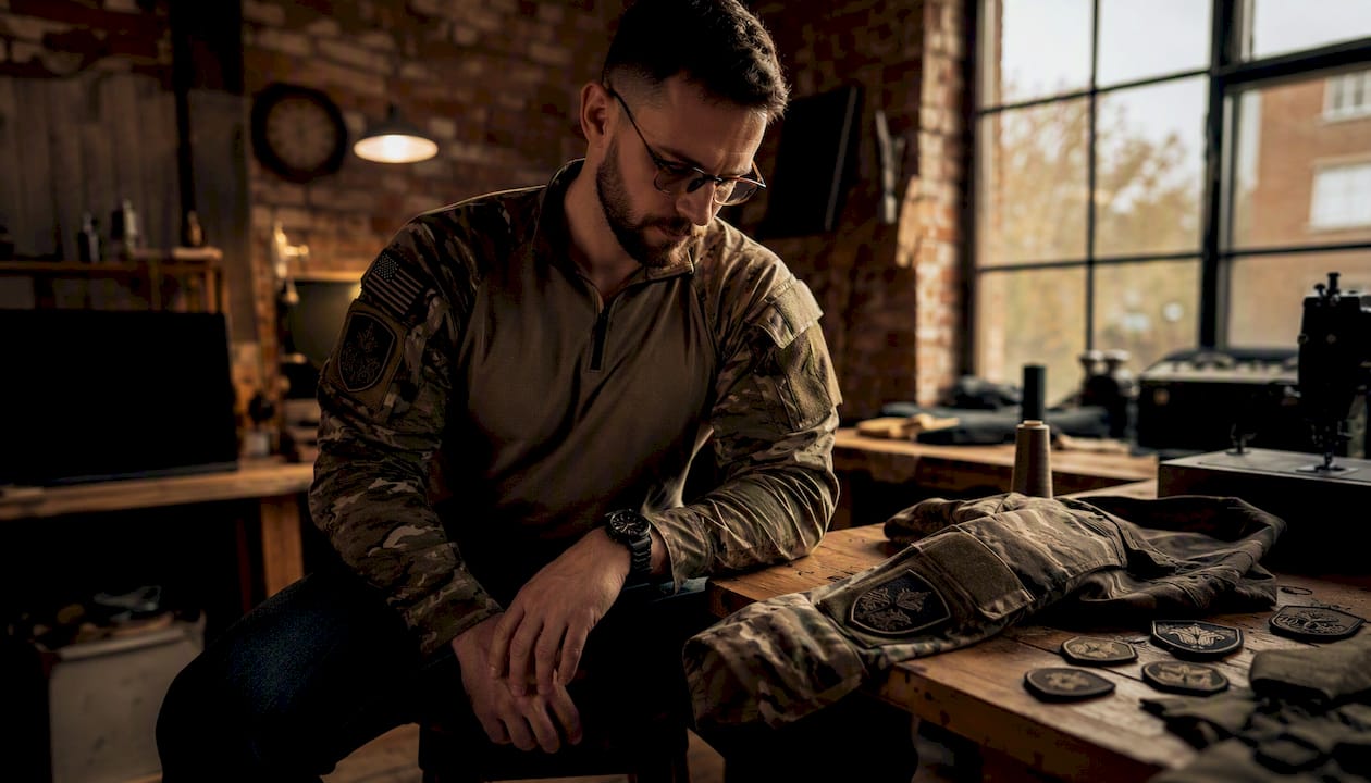 Veteran seated wearing unit shirt with morale patches