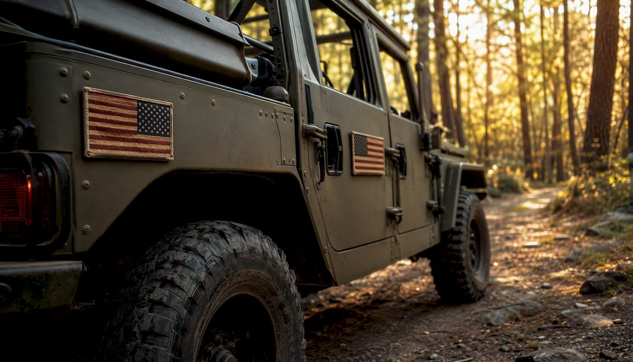 U.S. flag patches on left and right sides of military vehicle
