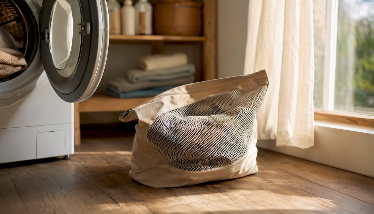 Laundry setting showing polyester fabric and microfiber catching bag