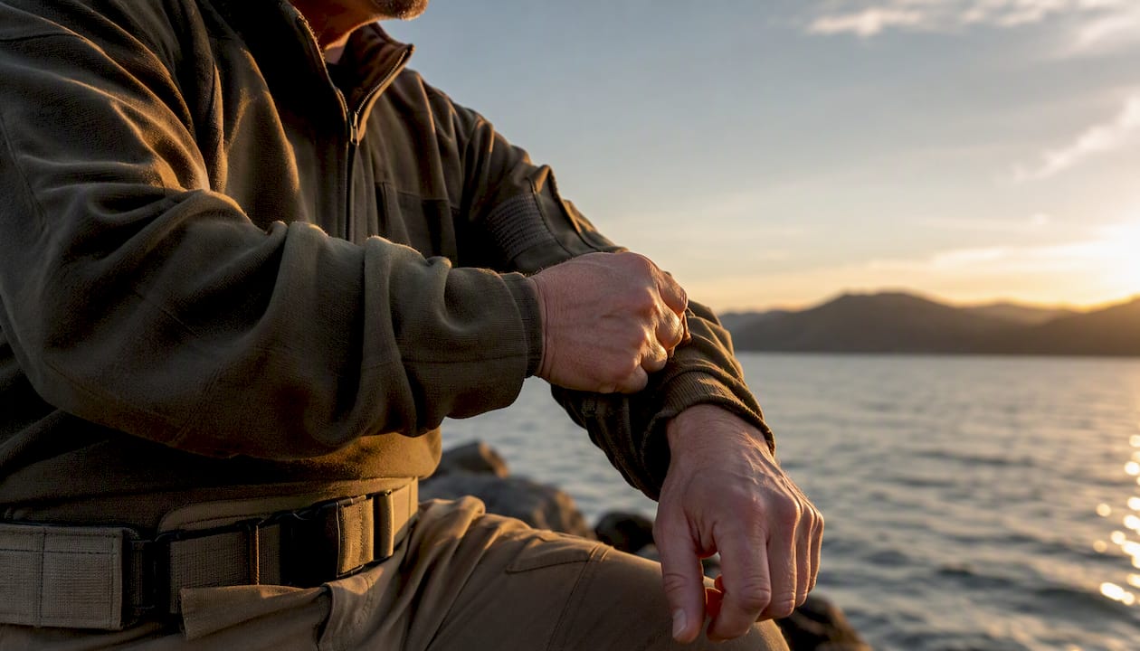 Veteran adjusting adaptive hoodie sleeve outdoors