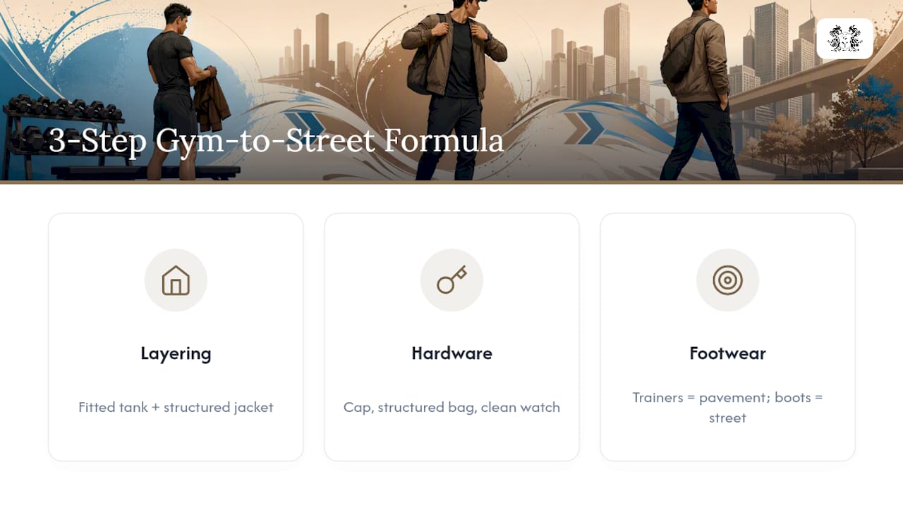 Diagram of gym-to-street outfit layering, hardware, and footwear
