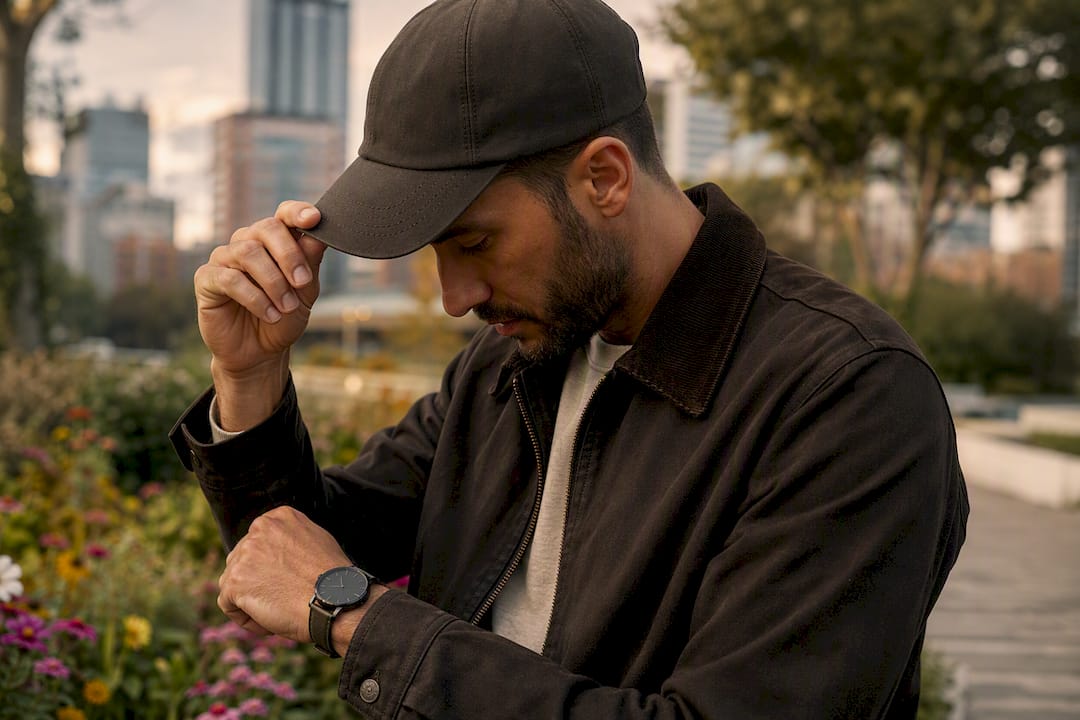 Man adjusting watch and cap on street