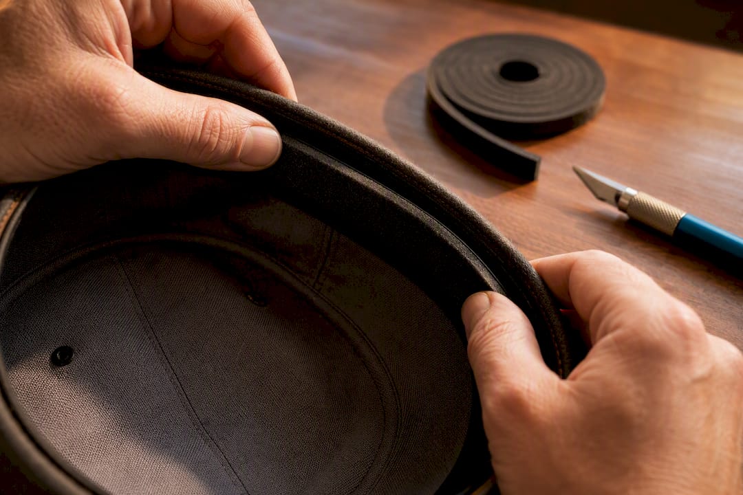 Hands applying foam strip inside hat sweatband