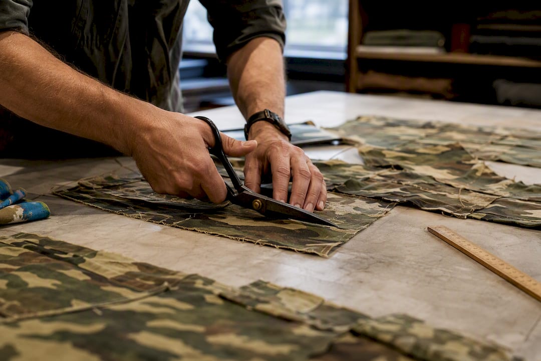 Hands rebuilding military surplus fabric panels