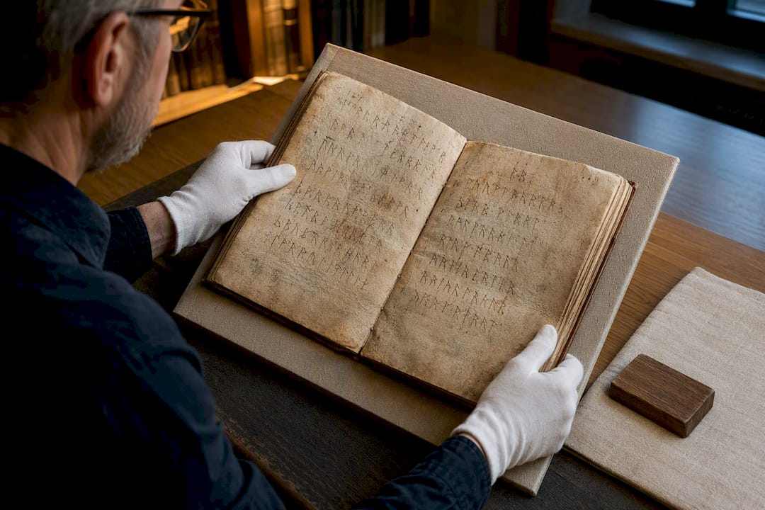 Curator examining a medieval rune poem manuscript