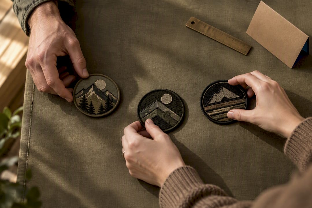 Hands sorting anonymous embroidered morale patches