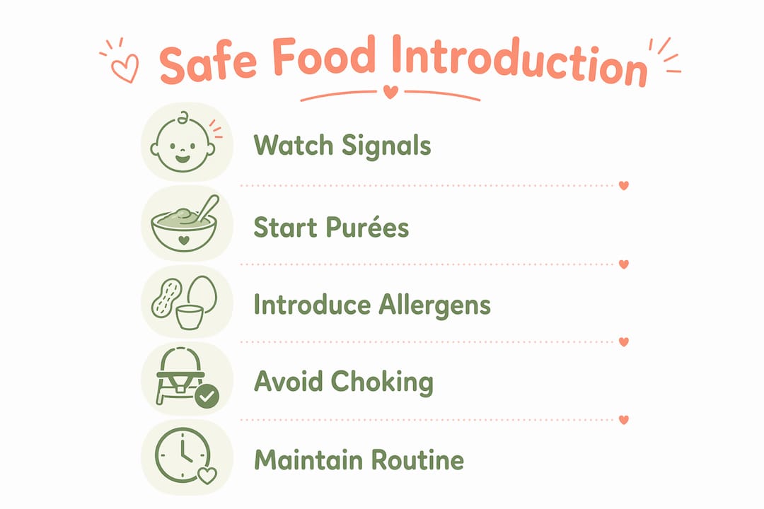 Infographic showing safe baby food introduction steps