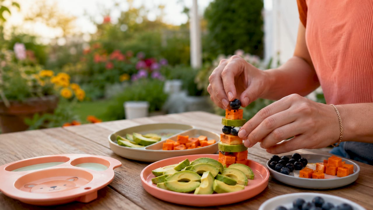 Prepared safe shaped baby foods on kitchen counter