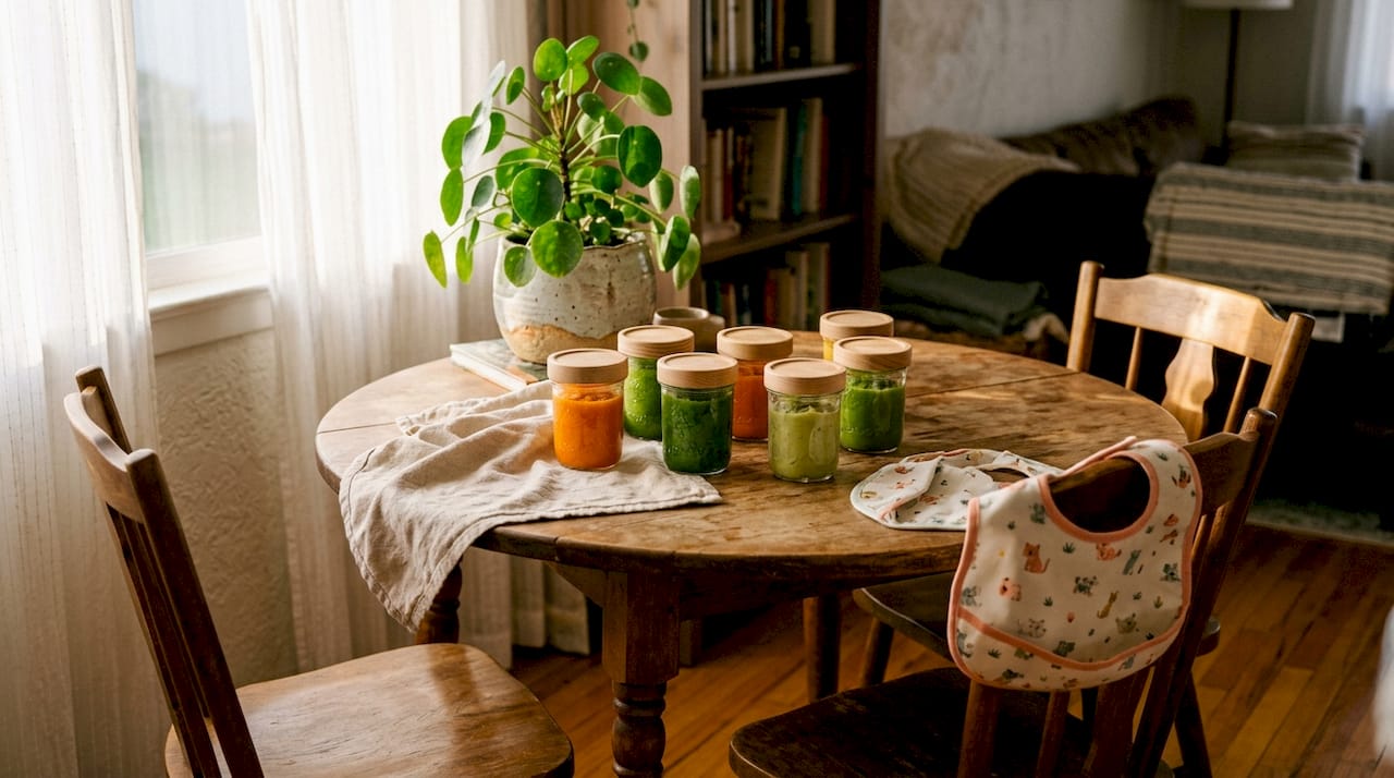 Bowls of single-ingredient baby purees