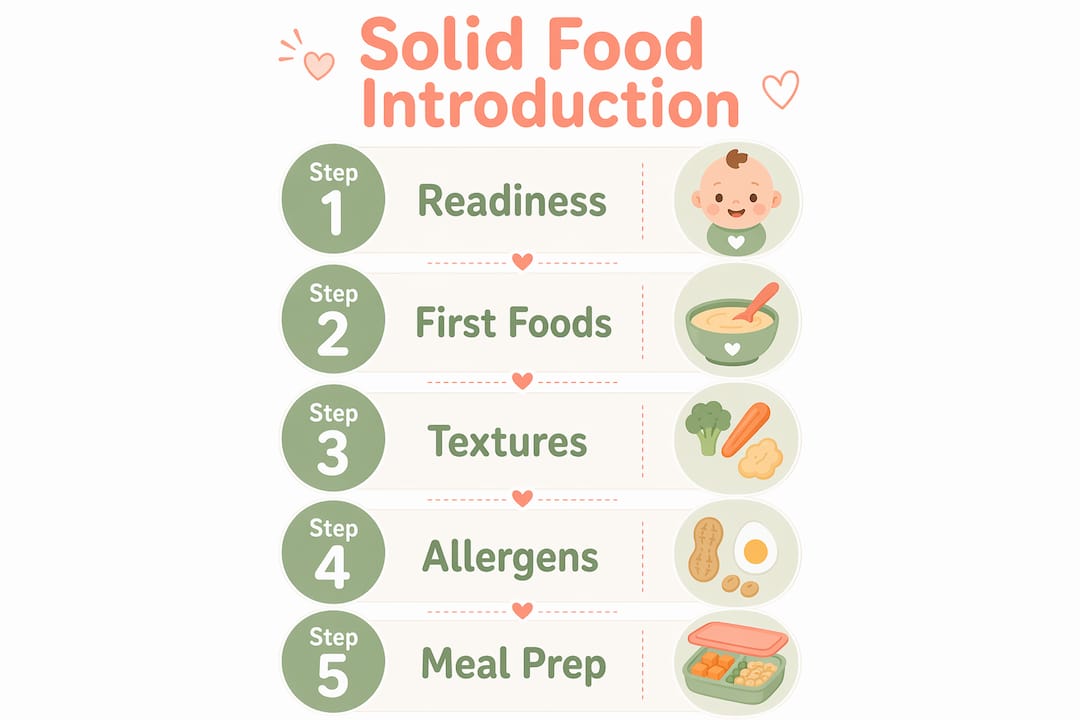 Infographic showing steps to introduce solid foods to baby