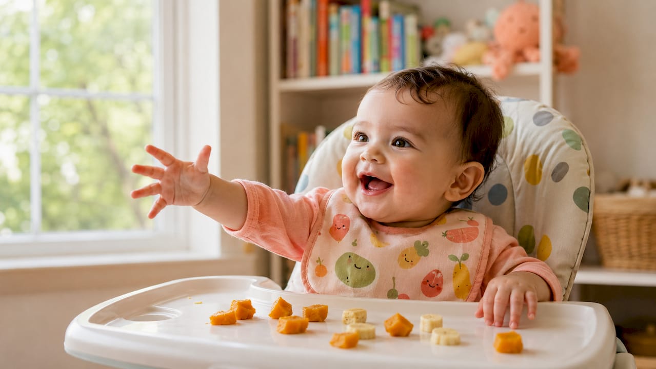 Infant learning to self-feed soft finger foods