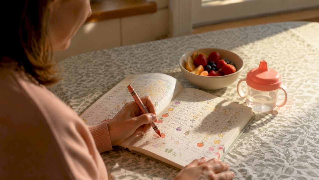 Close-up of hands writing food symptom diary