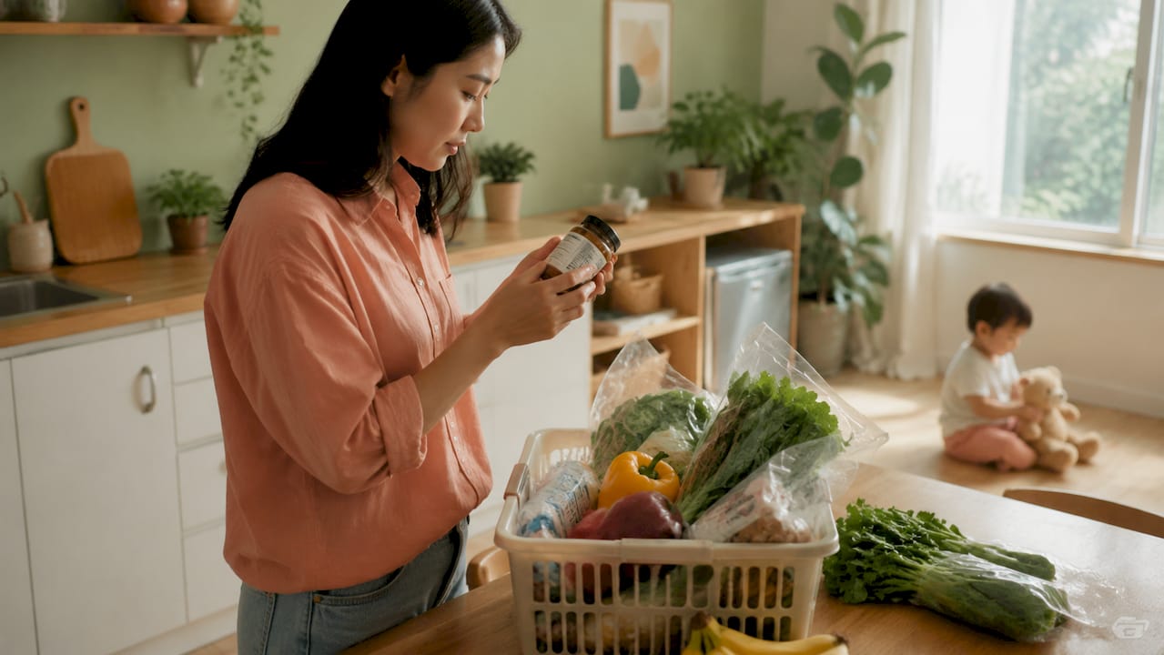Hands examining allergen food label at home