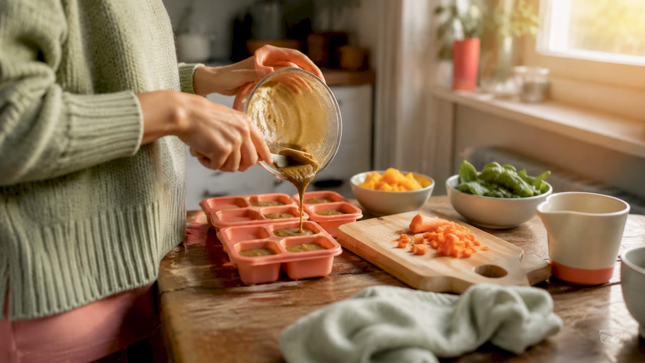 Hands filling silicone trays with iron-rich baby puree