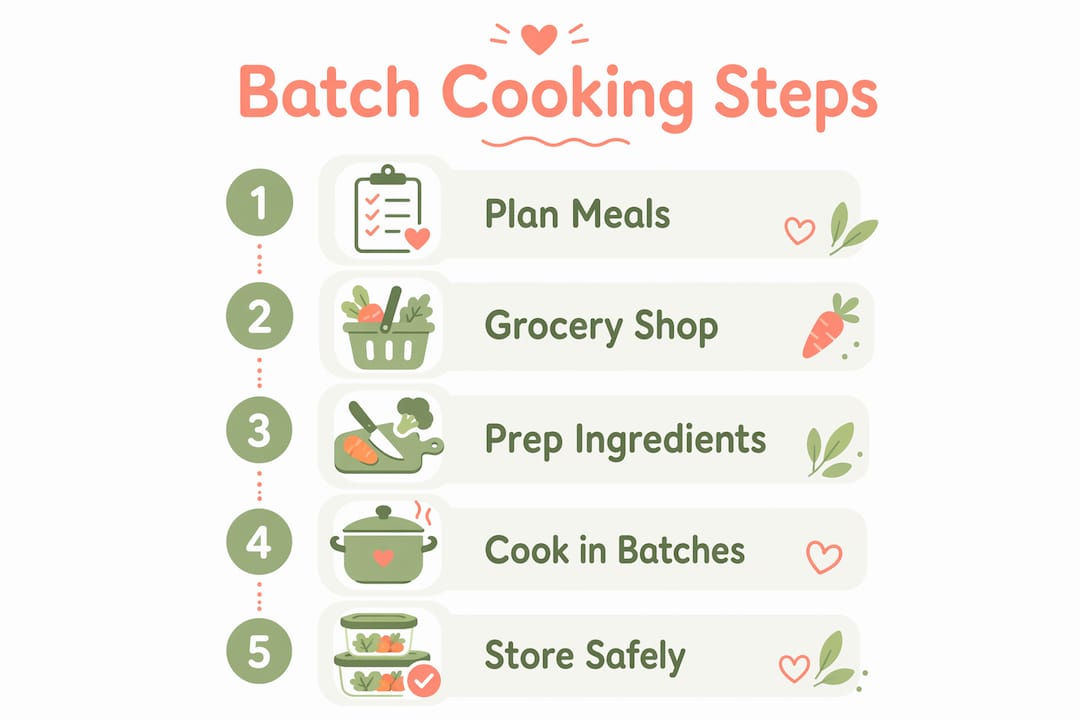 Infographic illustrating batch cooking steps for baby meals