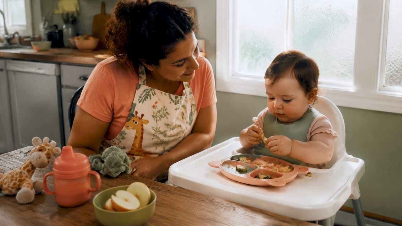Caregiver watching infant eat soft foods attentively