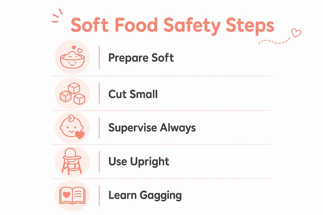 Infographic illustrating 5 soft food safety steps for infants