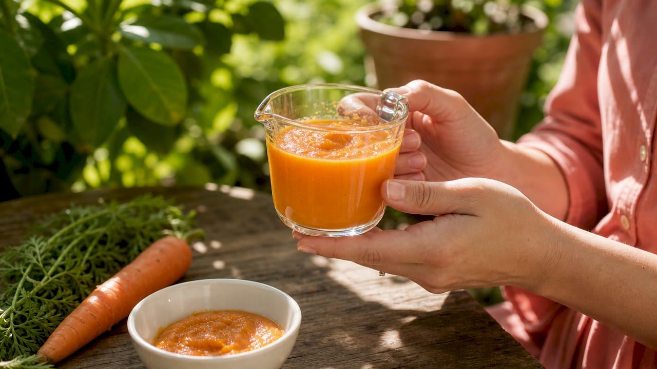 Hands measuring carrot puree with tablespoon