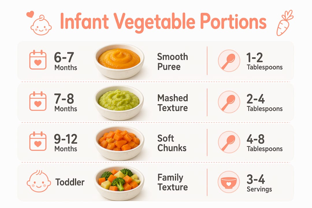 Infographic depicting infant vegetable portion stages by age