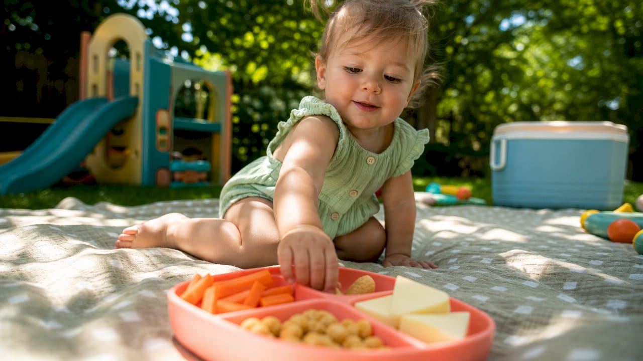 Toddler hand reaching for healthy snacks on plate