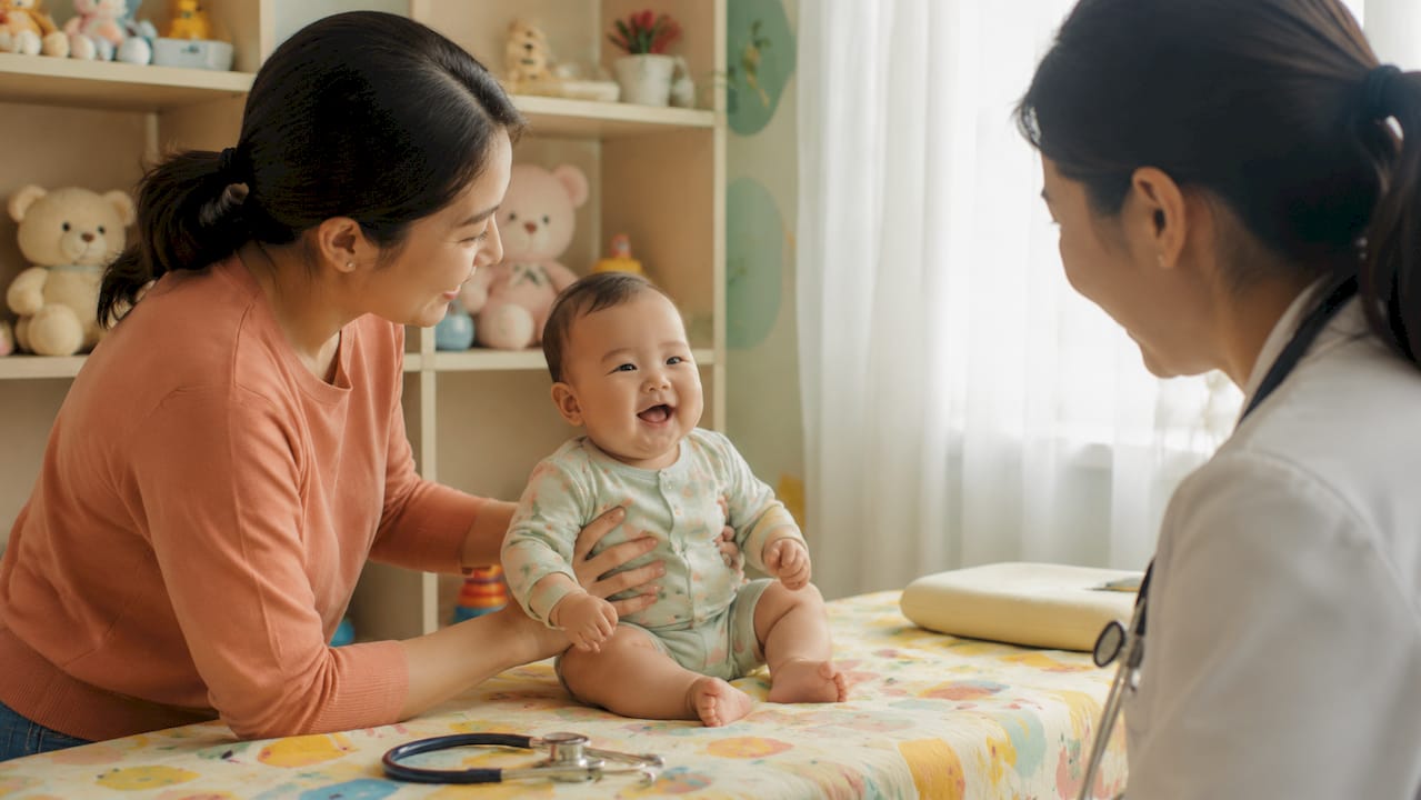 Parent with baby in pediatrician's consultation room