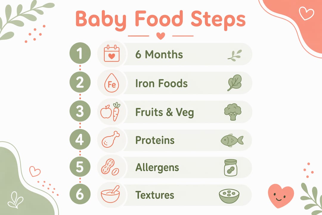 Infographic outlining step-by-step baby food introduction process