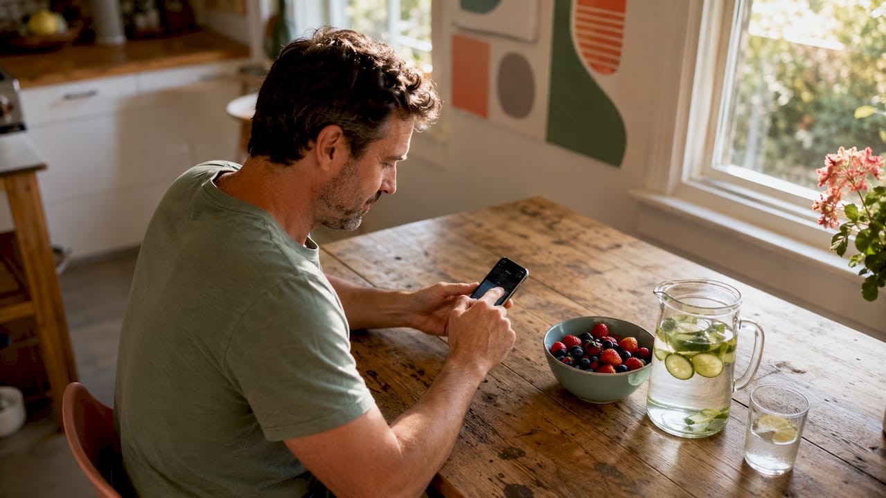 Father scheduling family meals on smartphone