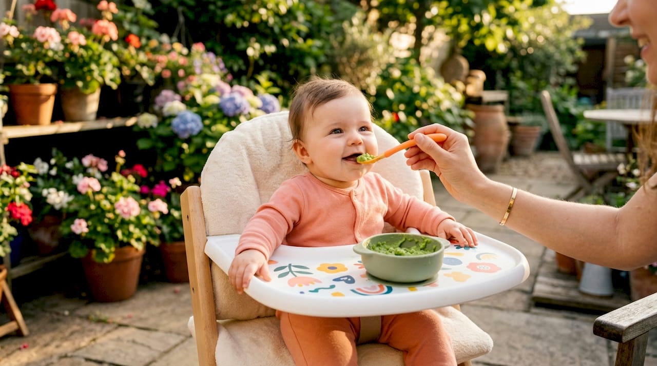 Bebé sentado erguido con una cuchara de alimentación cerca