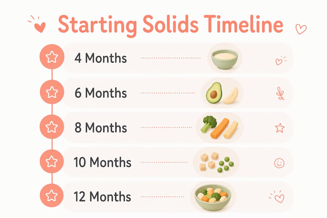 Infografik med tidslinje der viser stadier for opstart af skemad til baby