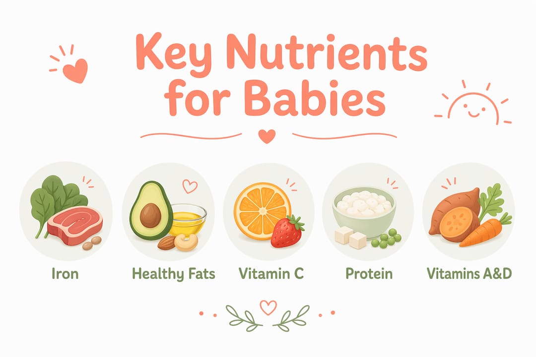 Infografik der fremhæver vigtige næringsstoffer til babys første mad