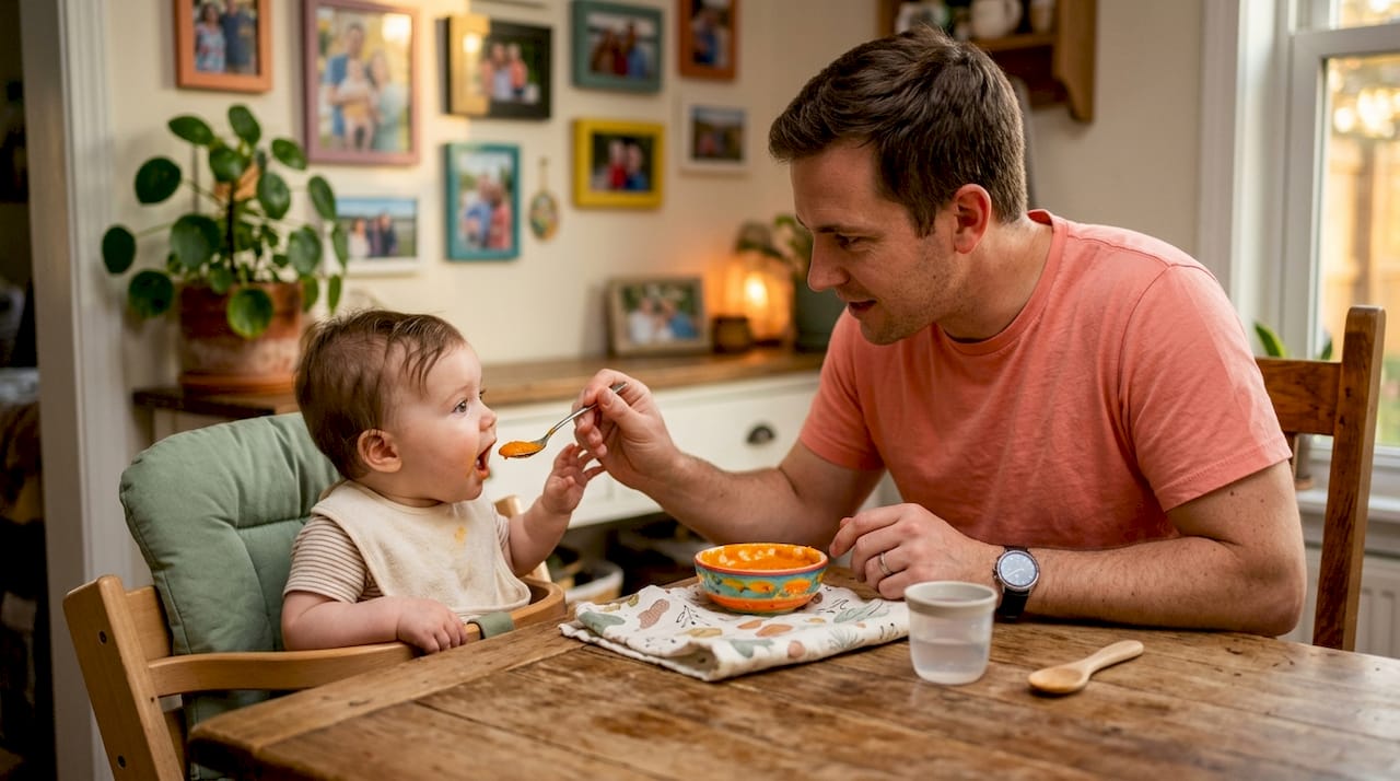 Father spoon-feeding baby carrot puree at home