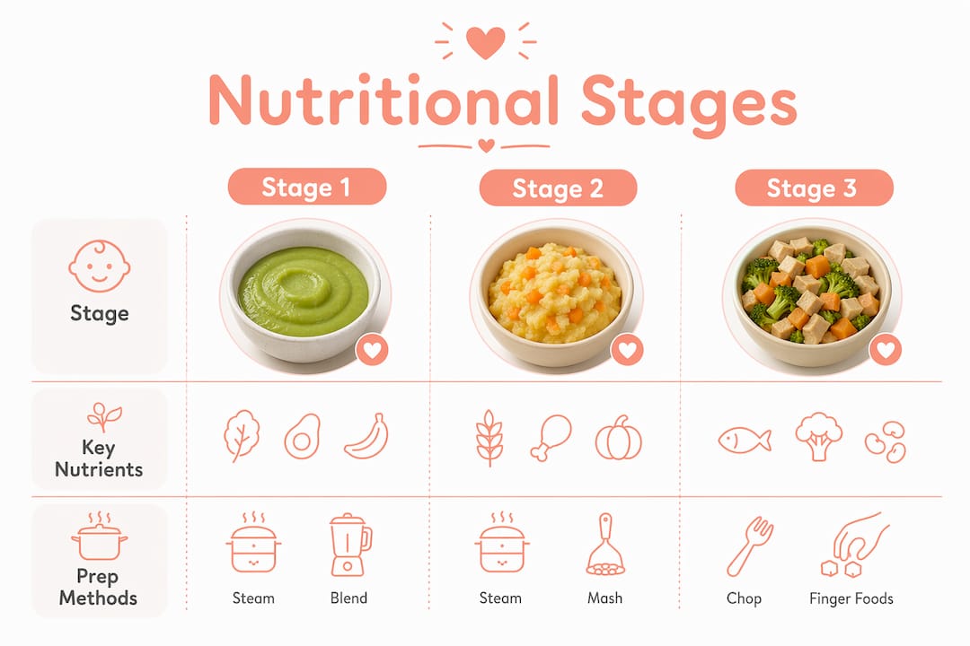 Infographic illustrating nutritional stages and preparation of baby meals