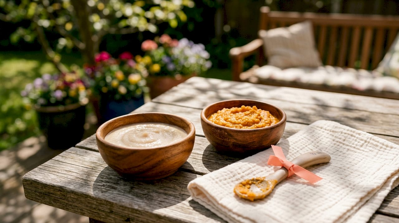 Glasschalen mit püriertem Hühnchen und Linsen