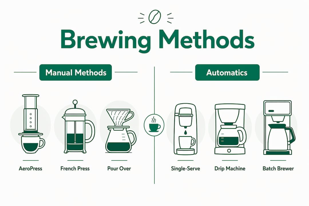 Infographic comparing manual vs automatic coffee brewing methods