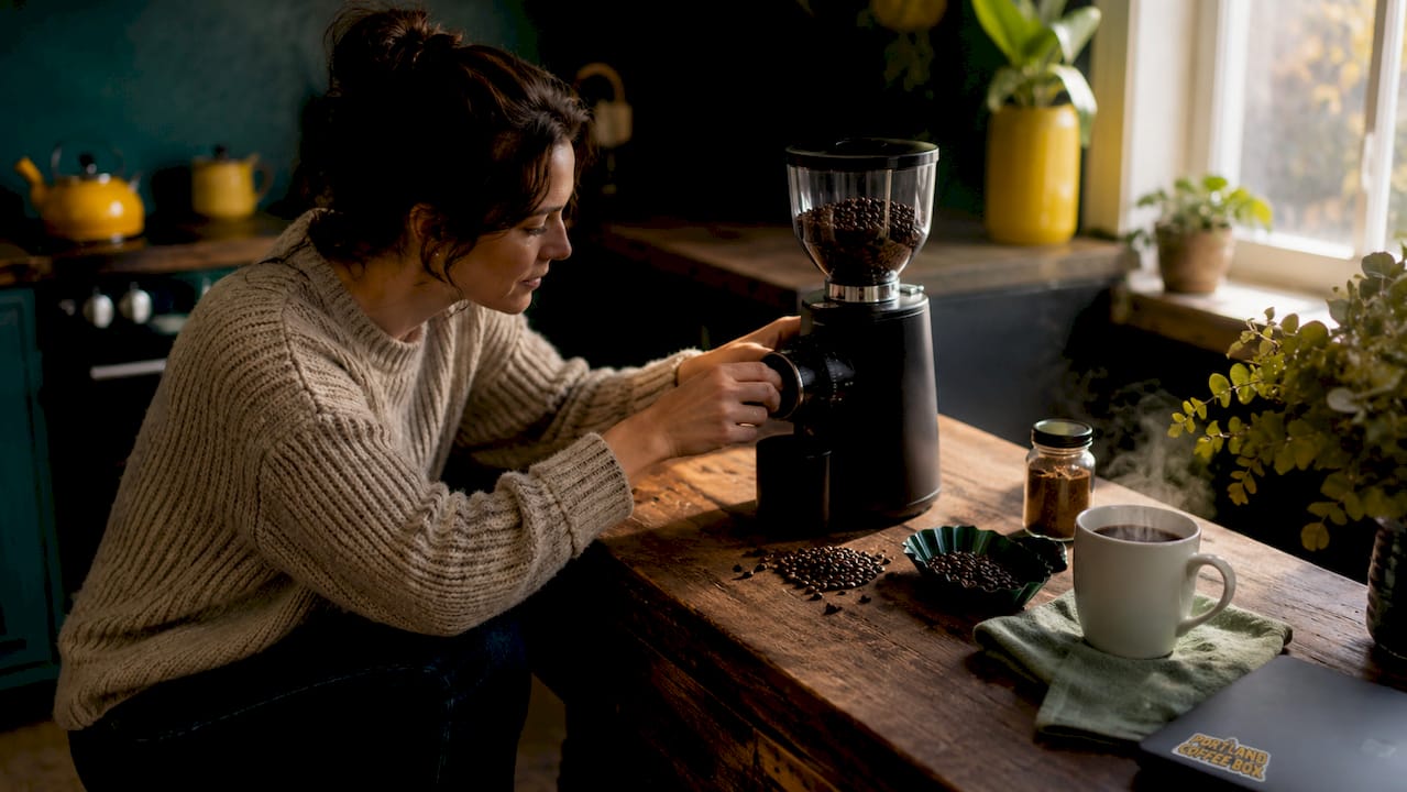 Hands adjusting burr grinder settings