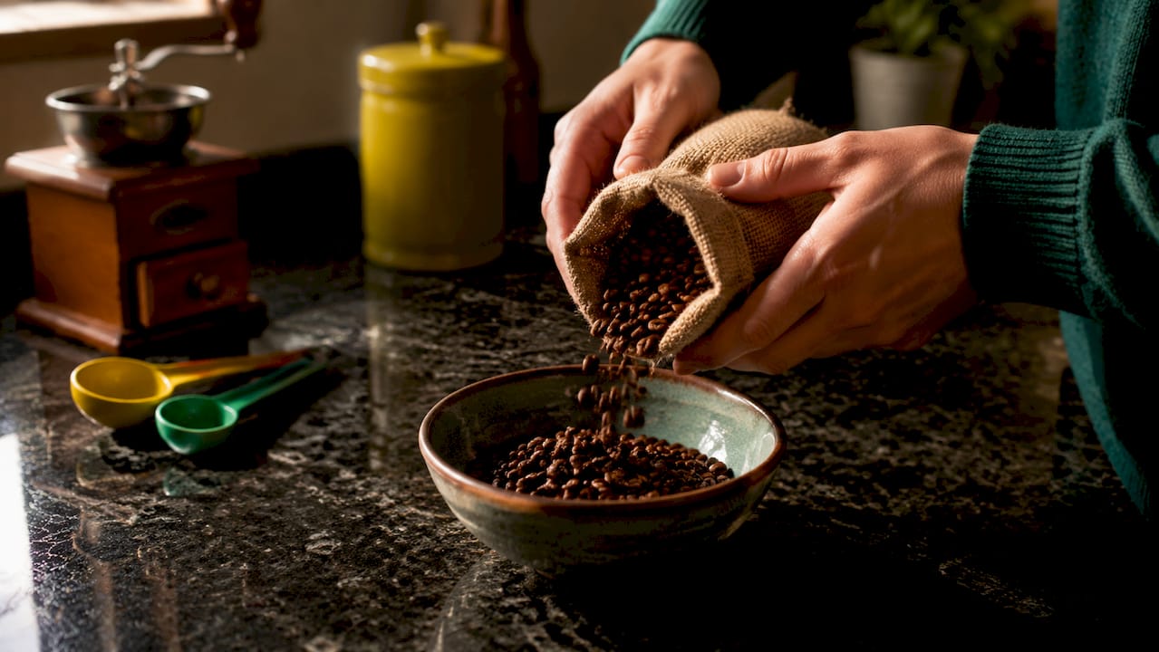 Close-up hands holding fresh coffee beans