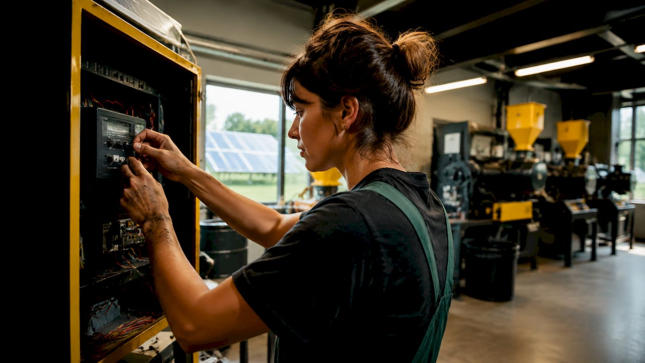 Technician adjusting solar-powered coffee roasting controls