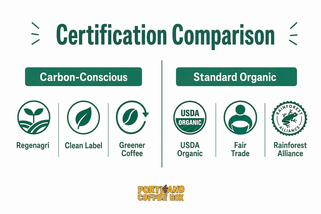 Infographic comparing carbon-conscious coffee certifications