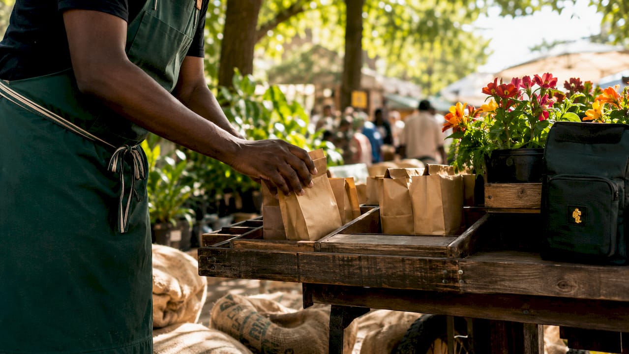 Barista selecting handpicked coffee bags from shelf