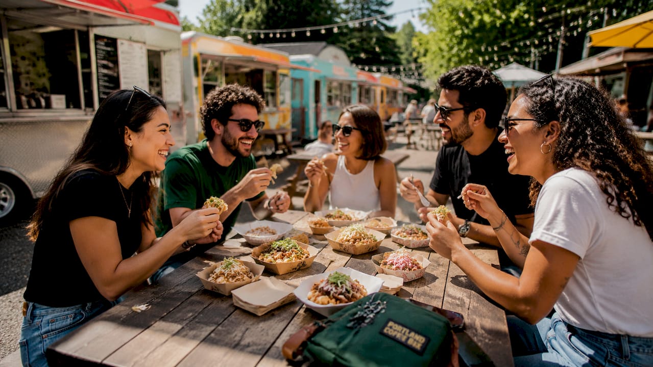 Man tasting food at Portland cart pod