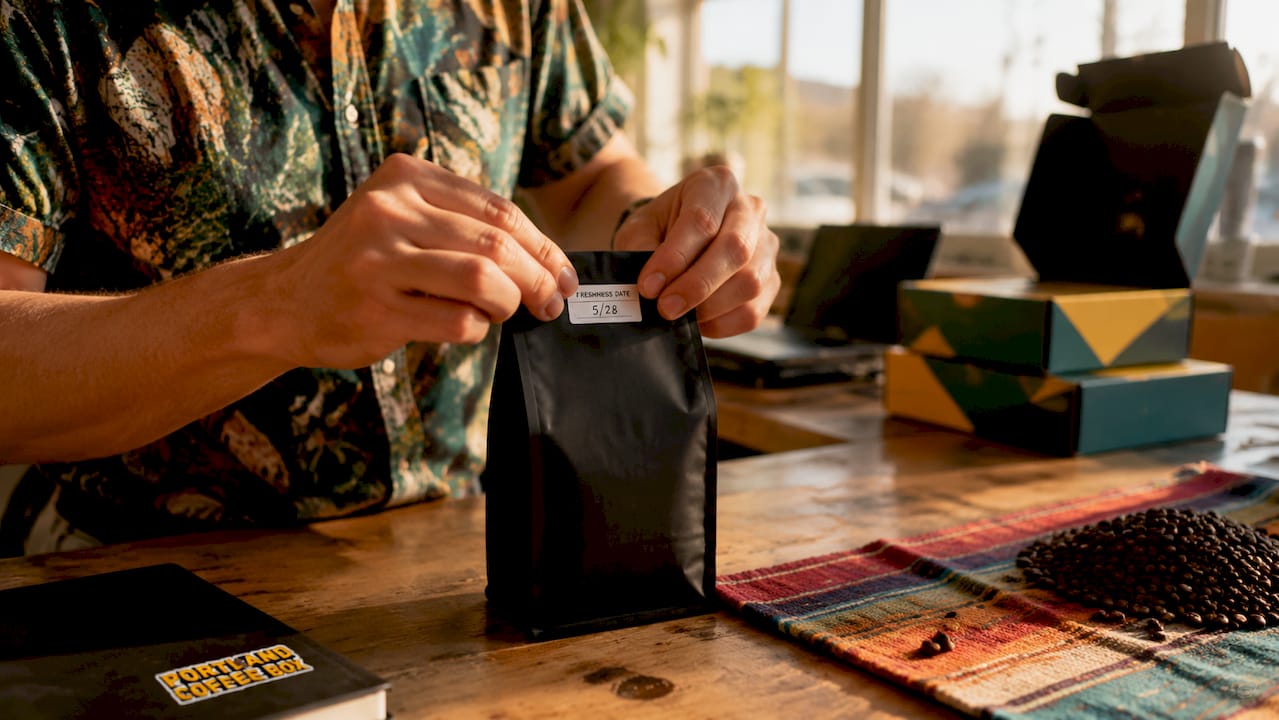 Hands sealing fresh coffee packaging in roastery
