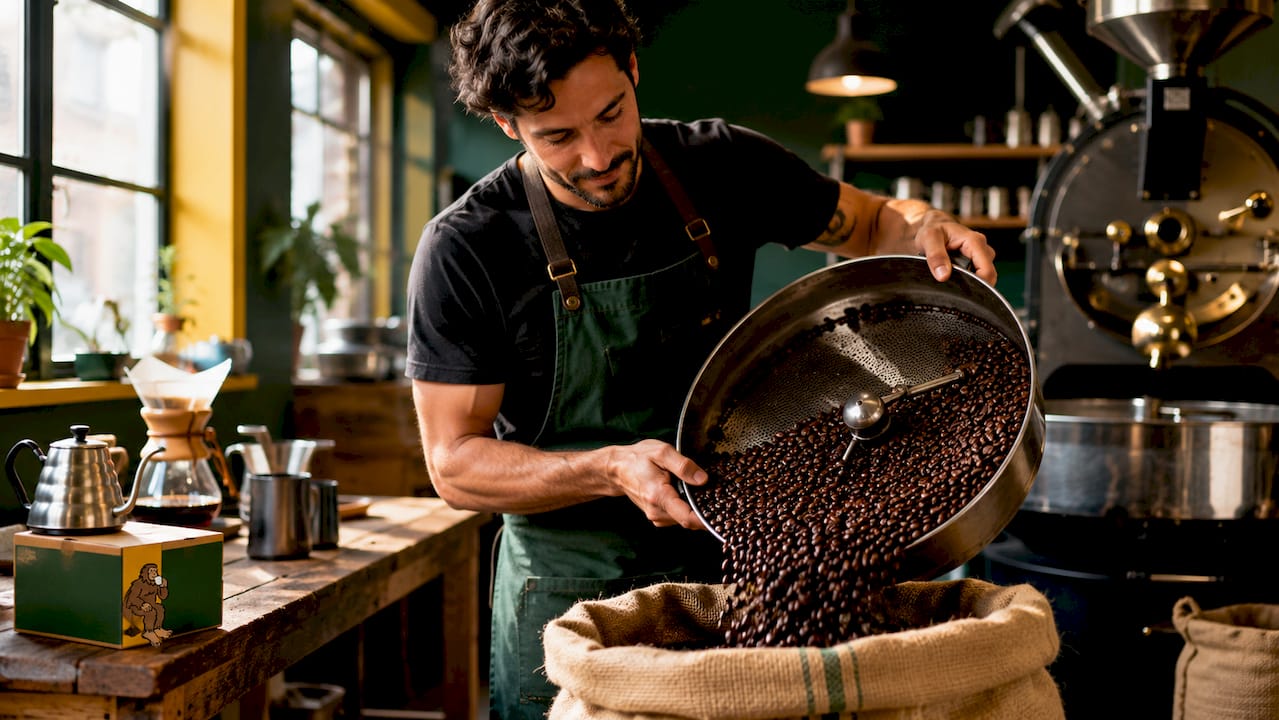 Hands scooping fresh roasted coffee beans